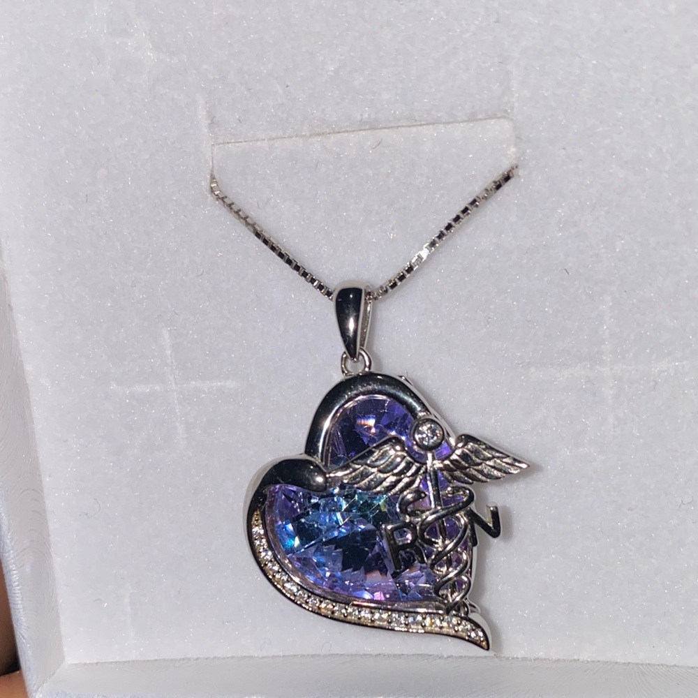 Silver and Purple Heart Pendant Necklace with Medical Symbol